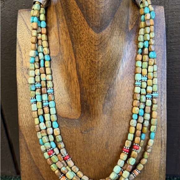 Sterling Silver Multi Strand Blue Green Turquoise Pearls Bead Necklace 22 Inch